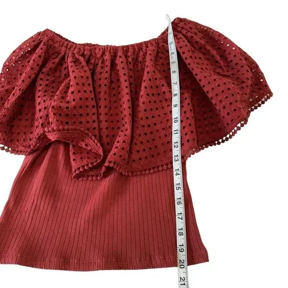 Anthropologie The Odells Off the Shoulder Eyelet Brick Color Blouse, Small - Picture 10 of 12